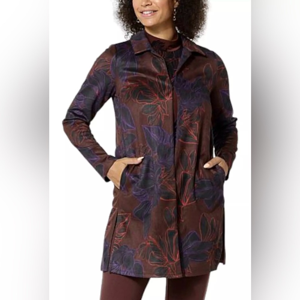 IMAN Global Chic Luxe Faux Suede Topper Brown Floral Size M READ DESCRIPTION